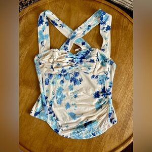 Free People Blue Floral Ruched Tank Top Criss Cross Back Stretchy Size XS
